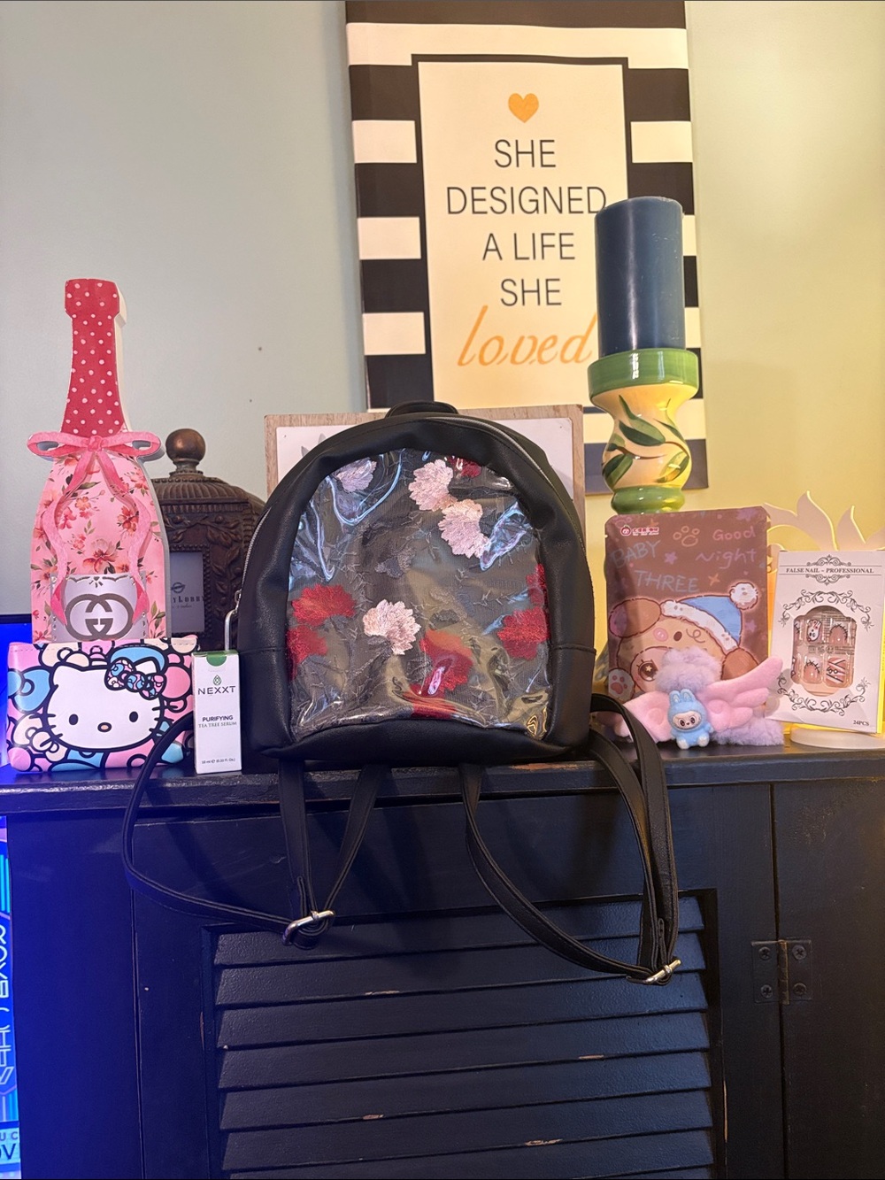 Black Mini Backpack with Floral Embroidery back pack